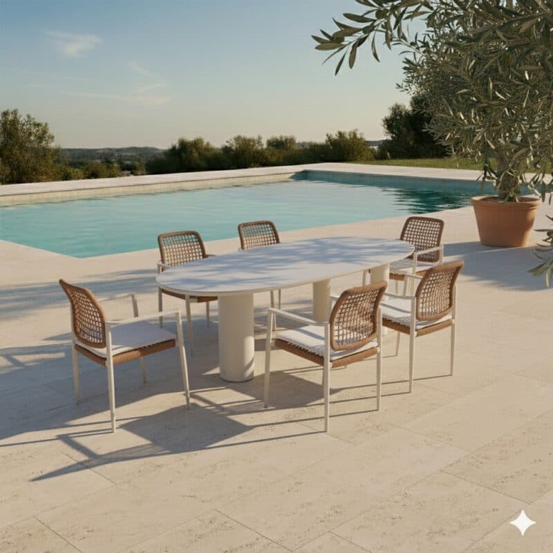 CASA DOMA "Lavello/Lioni" Gartenmöbel-Set 7-tlg., Aluminium cream, Geflecht naturfarben, Tischplatte Sinterstein 260x115 cm (Bild KI-generiert)