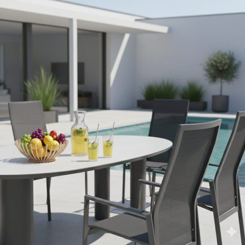 Gartenmöbel-Set mit Liadomo "Limbadi Move" Stapelsessel und CASA DOMA "Lioni" Gartentisch 260 × 115 cm, Gestelle Aluminium anthrazit, Armlehnen Aluminium (Bild KI-generiert)