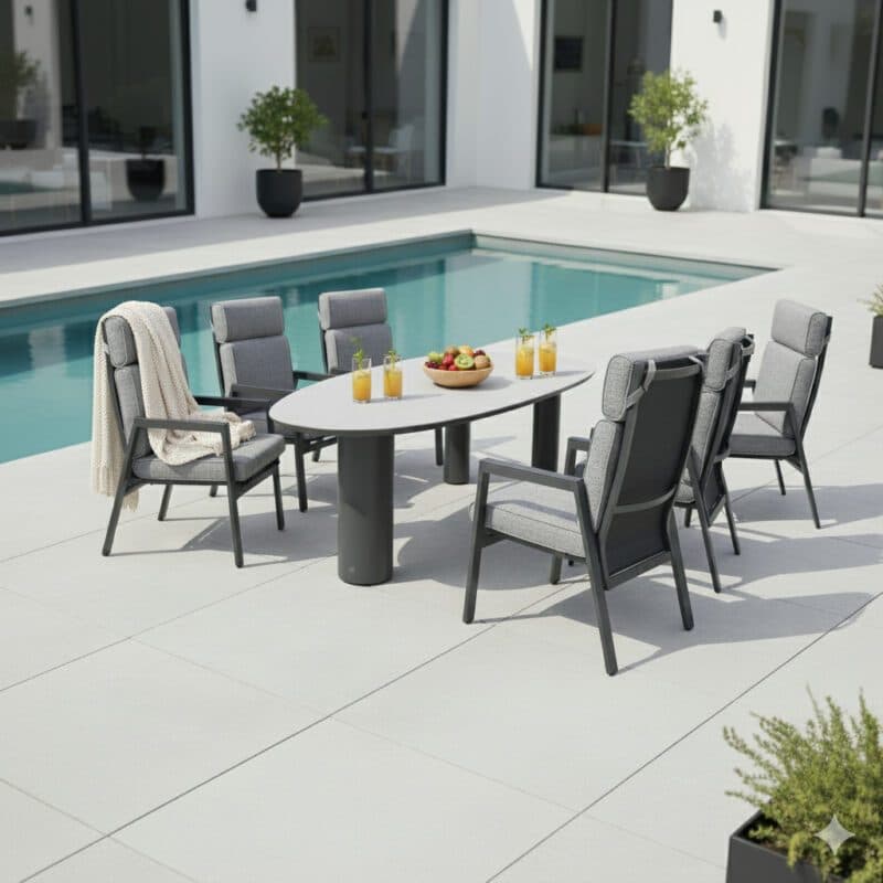 Gartenmöbel-Set mit Liadomo "Celano" Diningsessel und CASA DOMA "Lioni" Gartentisch 260xx115 cm, Gestelle Aluminium anthrazit, Polster grau, Armlehnen Aluminium (Bild KI-generiert)