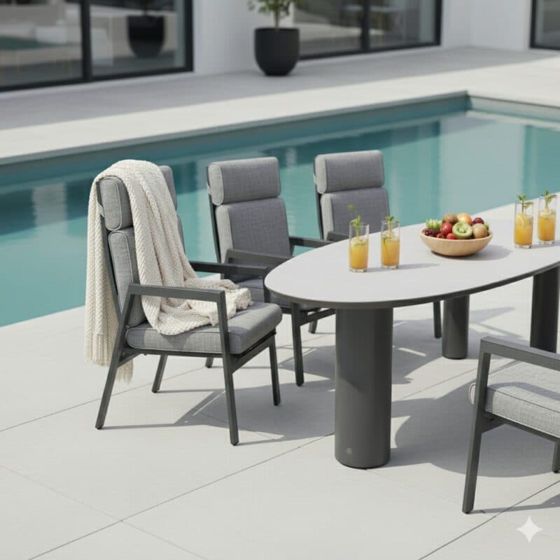 Gartenmöbel-Set mit Liadomo "Celano" Diningsessel und CASA DOMA "Lioni" Gartentisch 260xx115 cm, Gestelle Aluminium anthrazit, Polster grau, Armlehnen Aluminium (Bild KI-generiert)