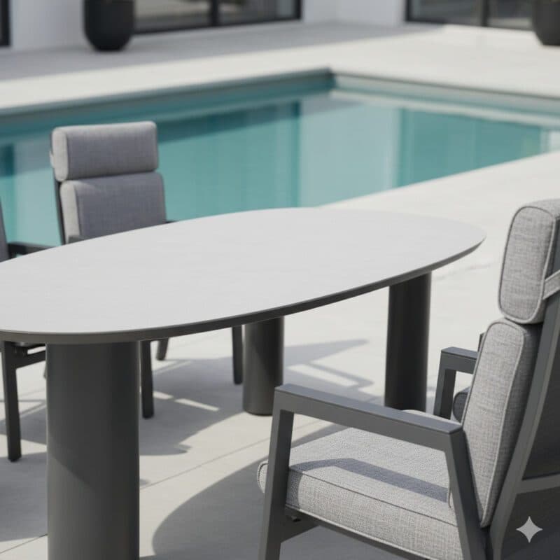 Gartenmöbel-Set mit Liadomo "Celano" Diningsessel und CASA DOMA "Lioni" Gartentisch 260xx115 cm, Gestelle Aluminium anthrazit, Polster grau, Armlehnen Aluminium (Bild KI-generiert)