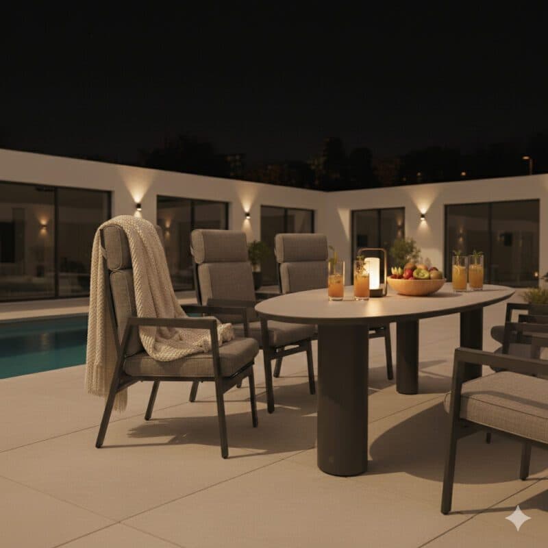 Gartenmöbel-Set mit Liadomo "Celano" Diningsessel und CASA DOMA "Lioni" Gartentisch 260xx115 cm, Gestelle Aluminium anthrazit, Polster grau, Armlehnen Aluminium (Bild KI-generiert)