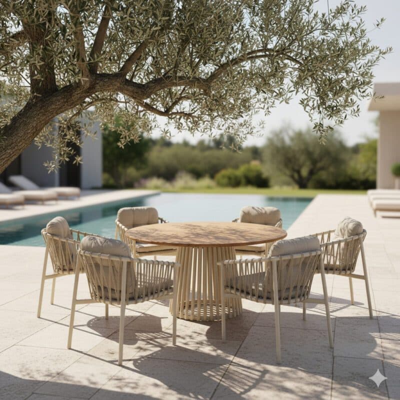 CASA DOMA Gartenmöbel-Set mit Diningsessel "Lucca" und Tisch "Loreto" 140 cm, Aluminium cream, Rope fossil, Tischplatte Teak (Bild KI-generiert)