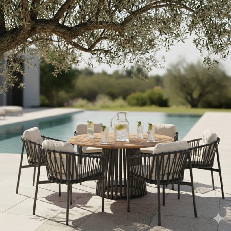 CASA DOMA Gartenmöbel-Set mit Diningsessel "Lucca" und Tisch "Loreto" 140 cm, Aluminium anthrazit, Rope anthrazit, Tischplatte Teak (Bild KI-generiert)