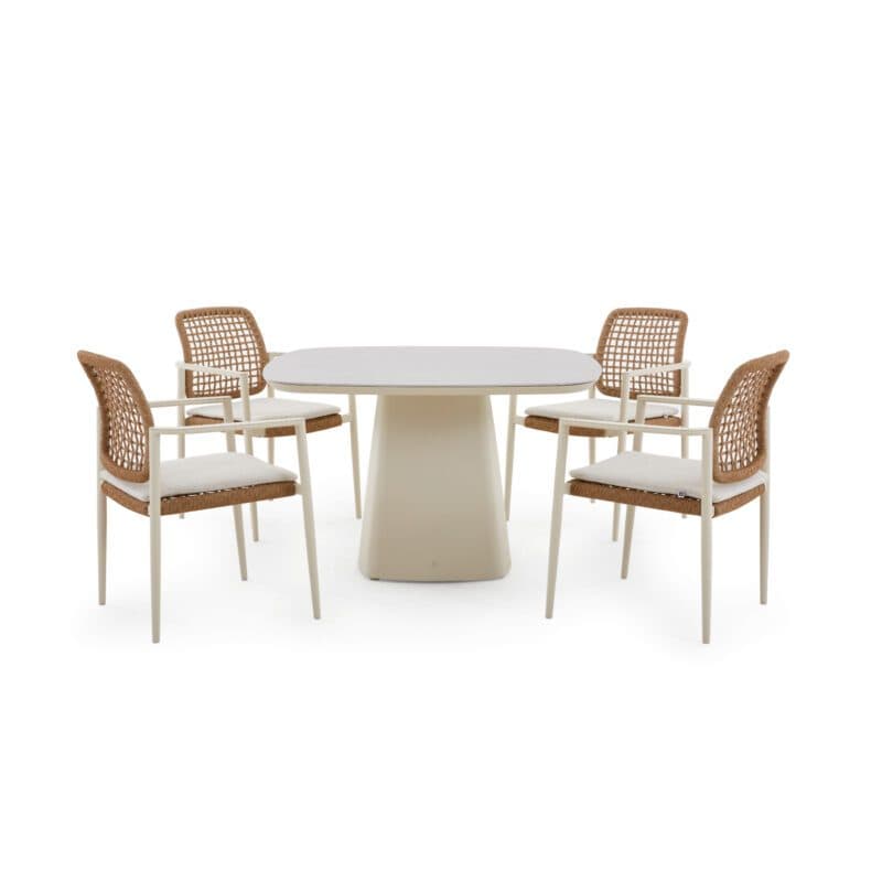 CASA DOMA "Lavello/Lioni" Gartenmöbel-Set 5-tlg., Gestelle Aluminium cream, Geflecht naturfarben, Kissen beige, Tischplatte Sinterstein hellgrau marmoriert 120x120 cm