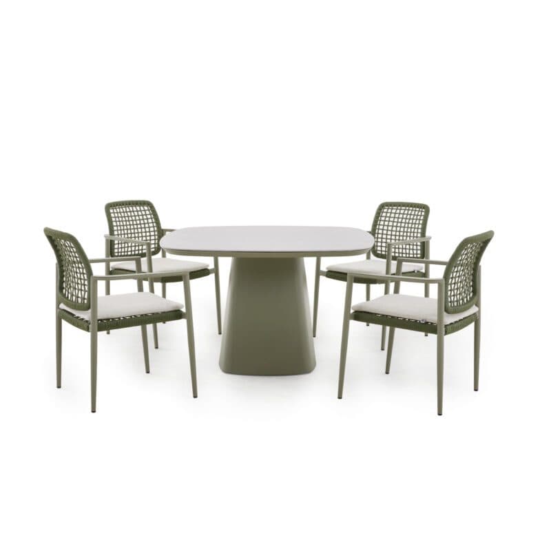 CASA DOMA "Lavello/Lioni" Gartenmöbel-Set 5-tlg., Gestelle Aluminium moosgrün, Geflecht grün, Kissen beige, Tischplatte Sinterstein hellgrau marmoriert 120x120 cm