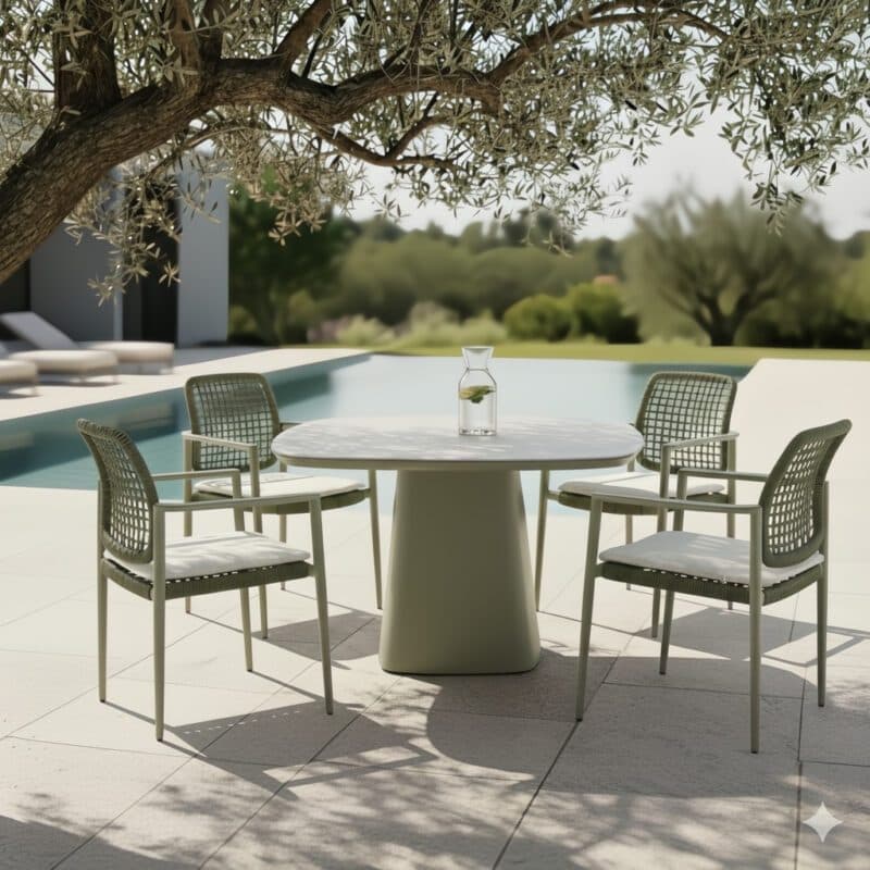 CASA DOMA Gartenmöbel-Set mit "Lavello" Stapelstuhl und "Lioni" Gartentisch, Aluminium moosgrün, Geflecht grün, Tischplatte Sinterstein 120x120 cm (Bild KI-generiert)