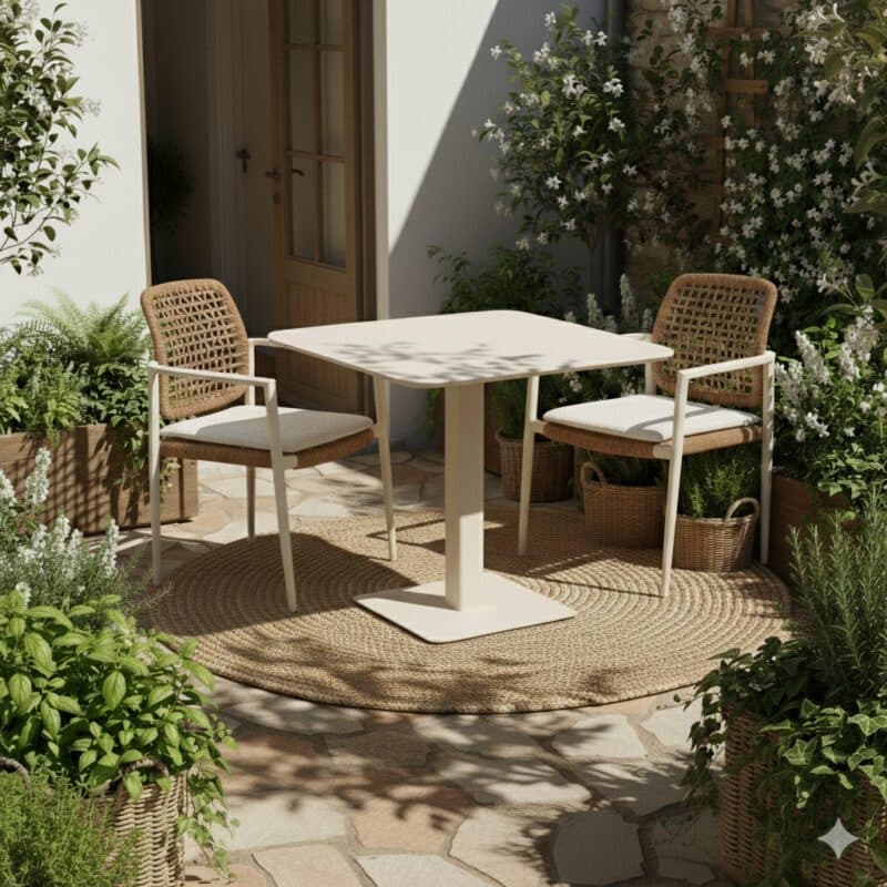 Gartenmöbel-Set mit CASA DOMA "Lavello" Stapelsessel und Liadomo "Torano" Klapptisch 80x80 cm, Gestelle Aluminium cream, Geflecht naturfarben (Bild KI-generiert)