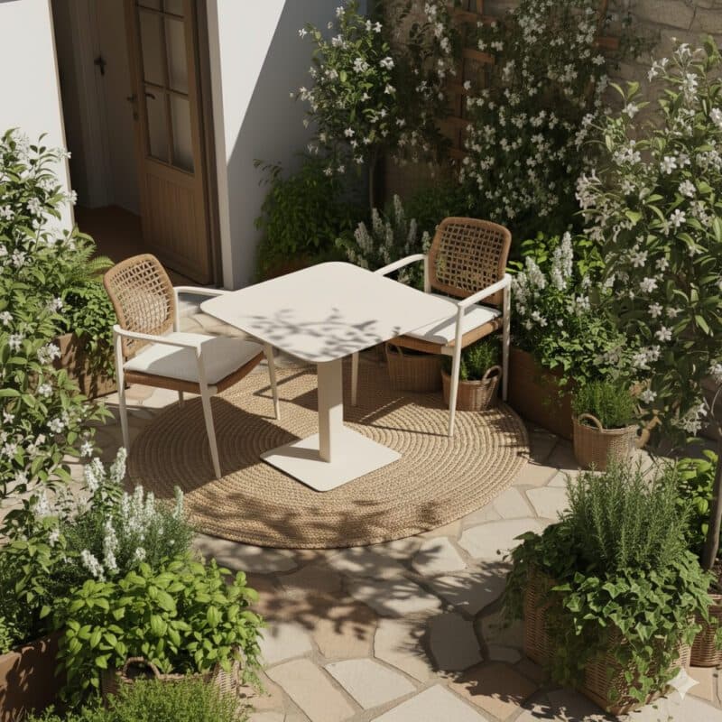 Gartenmöbel-Set mit CASA DOMA "Lavello" Stapelsessel und Liadomo "Torano" Klapptisch 80x80 cm, Gestelle Aluminium cream, Geflecht naturfarben (Bild KI-generiert)