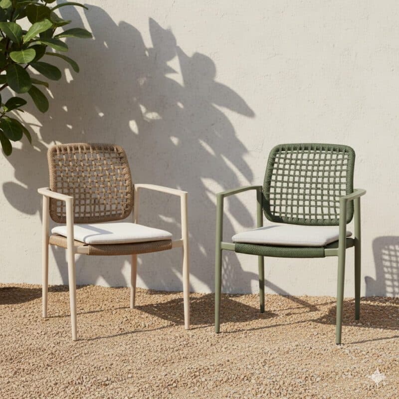 CASA DOMA "Lavello" Stapelstuhl, links Aluminium cream, rechts Aluminium moosgrün, Kissen beige (Bild KI-generiert)