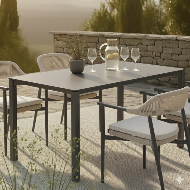 CASA DOMA Gartenmöbel-Set mit "Terni" Stuhl, Aluminium anthrazit/Rope fossil, inkl. Kissen, "Campana" Tisch 160x90 cm, Edelstahl/HPL anthrazit (Bild KI-generiert)