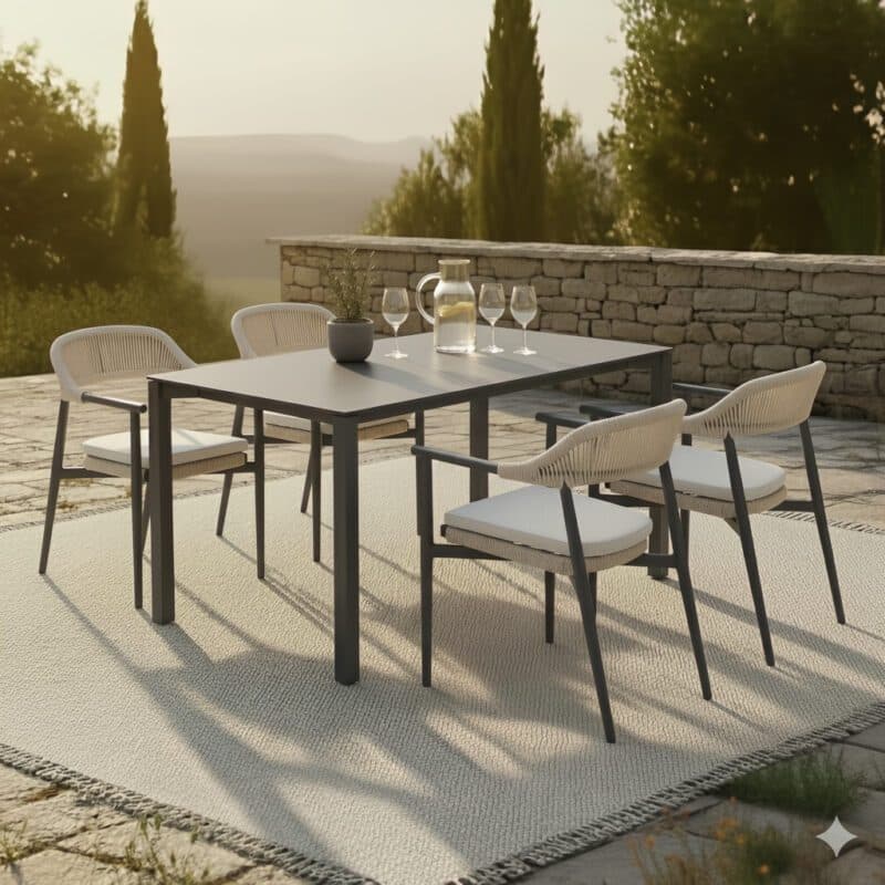 CASA DOMA Gartenmöbel-Set mit "Terni" Stuhl, Aluminium anthrazit/Rope fossil, inkl. Kissen, "Campana" Tisch 160x90 cm, Edelstahl/HPL anthrazit (Bild KI-generiert)