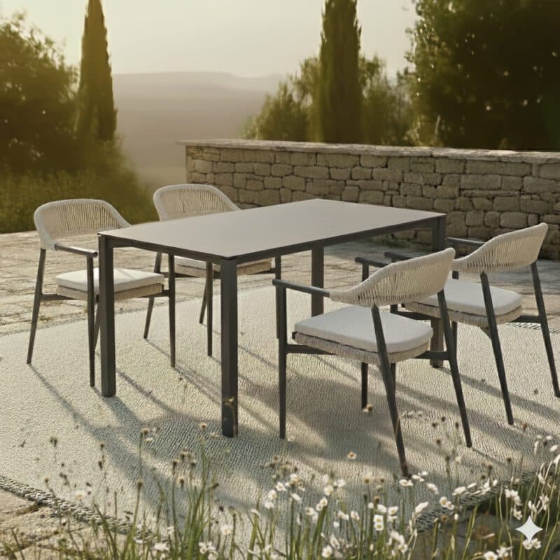 CASA DOMA Gartenmöbel-Set mit "Terni" Stuhl, Aluminium anthrazit/Rope fossil, inkl. Kissen, "Campana" Tisch 160x90 cm, Edelstahl/HPL anthrazit (Bild KI-generiert)