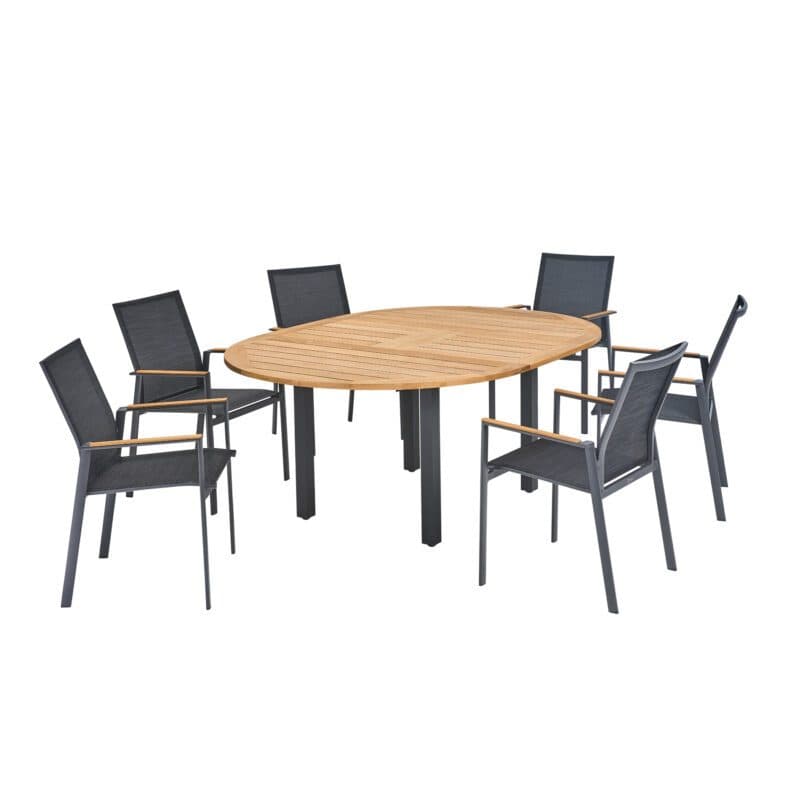 Gartenmöbel-Set mit Liadomo "Limbadi" Gartenstuhl, Gestelle Aluminium anthrazit, Textilgewebe, Armlehnen Teakholz und CASA DOMA "Ugento" Ausziehtisch 140/190xx140 cm, Gestell Edelstahl anthrazit, Tischplatte Teakholz