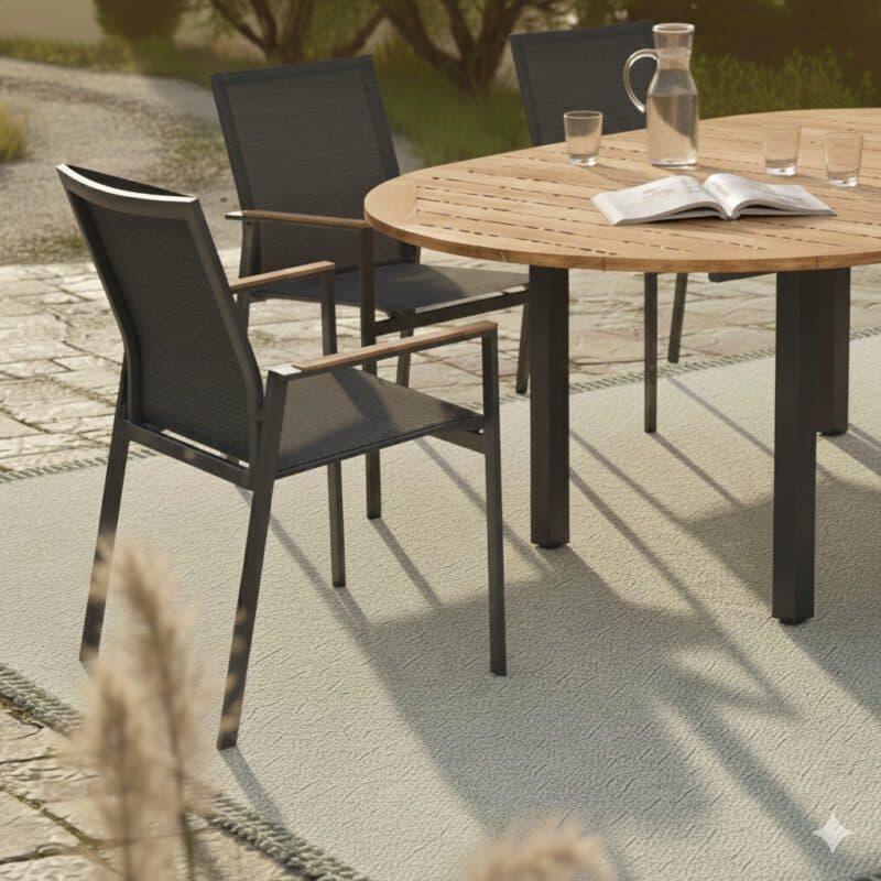 Gartenmöbel-Set mit Liadomo "Limbadi" Gartenstuhl, Gestell Aluminium anthrazit, Textilgewebe, Armlehnen Teakholz und CASA DOMA "Ugento" Ausziehtisch 140/190 x 140 cm, Gestell Edelstahl anthrazit, Tischplatte Teakholz (Bild KI-generiert)