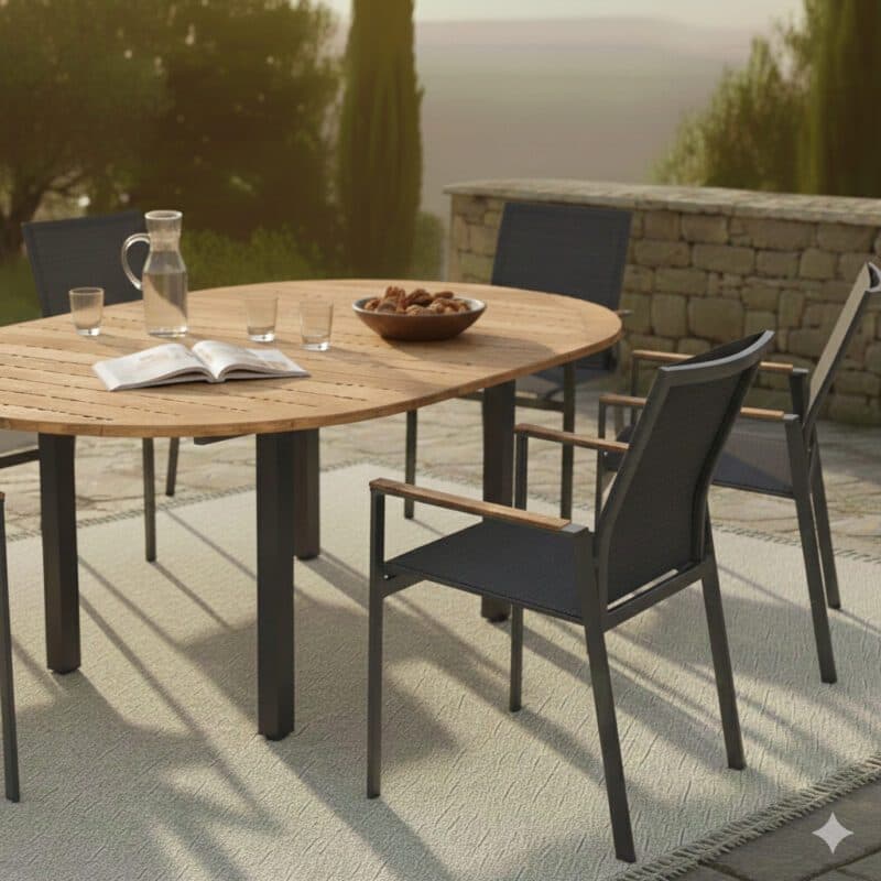 Gartenmöbel-Set mit Liadomo "Limbadi" Gartenstuhl, Gestell Aluminium anthrazit, Textilgewebe, Armlehnen Teakholz und CASA DOMA "Ugento" Ausziehtisch 140/190 x 140 cm, Gestell Edelstahl anthrazit, Tischplatte Teakholz (Bild KI-generiert)