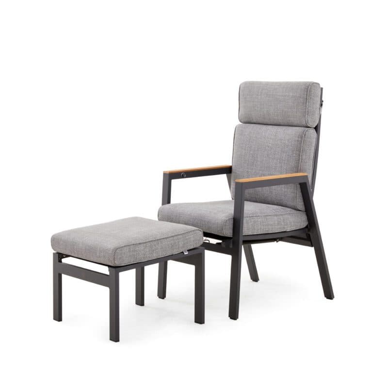 Liadomo "Celano" Diningsessel und Hocker, Aluminium anthrazit, Polster Olefin grau, Armlehnen Teak