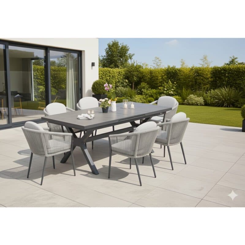 Liadomo Gartenmöbel-Set "Benevento/Latina" 7-tlg., Aluminium anthrazit, Rope & Kissen light grey, Tisch 200/260x100 cm, Sinterstein dunkelgrau (Bild KI-generiert)