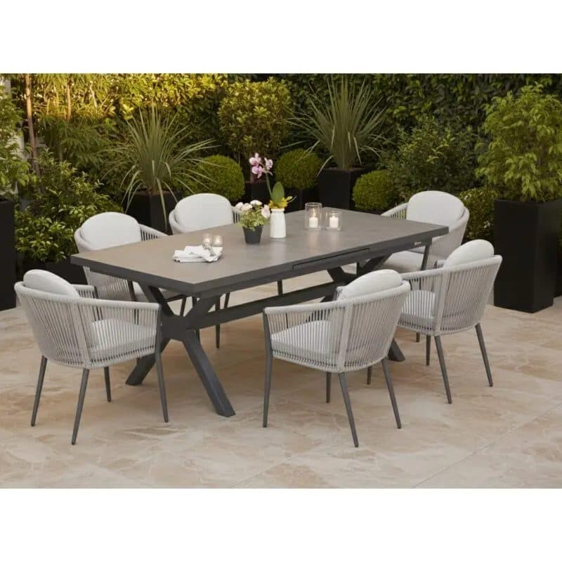 Liadomo Gartenmöbel-Set "Benevento/Latina" 7-tlg., Aluminium anthrazit, Rope & Kissen light grey, Tisch 200/260x100 cm, Sinterstein dunkelgrau (Bild KI-generiert)