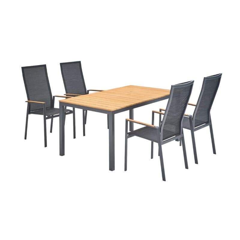 Liadomo Gartenmöbel-Set mit "Limbadi" Hochlehner und "Scalea" Tisch 160x90cm, Gestelle Aluminium anthrazit, Tischplatte und Armlehnen Teakholz