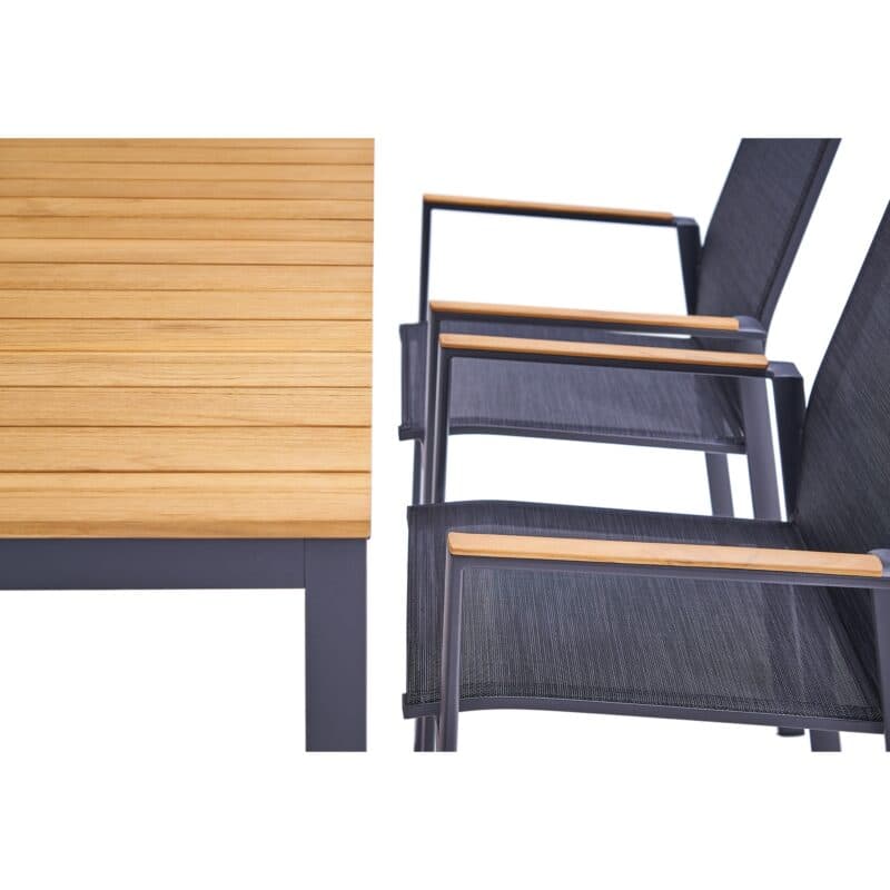 Liadomo Gartenmöbel-Set mit "Limbadi" Hochlehner und "Scalea" Tisch 160x90cm, Gestelle Aluminium anthrazit, Tischplatte und Armlehnen Teakholz