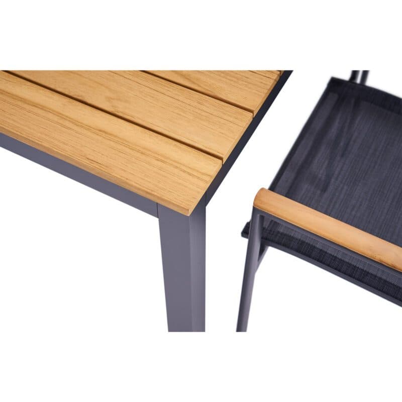 Liadomo Gartenmöbel-Set mit "Limbadi" Hochlehner und "Scalea" Tisch 160x90cm, Gestelle Aluminium anthrazit, Tischplatte und Armlehnen Teakholz