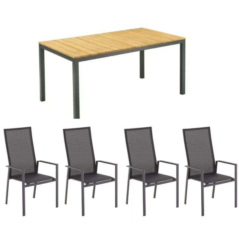 Liadomo Gartenmöbel-Set mit "Limbadi" Hochlehner und "Scalea" Tisch 160x90cm mit Teakplatte, Gestelle und Armlehne Aluminium anthrazit