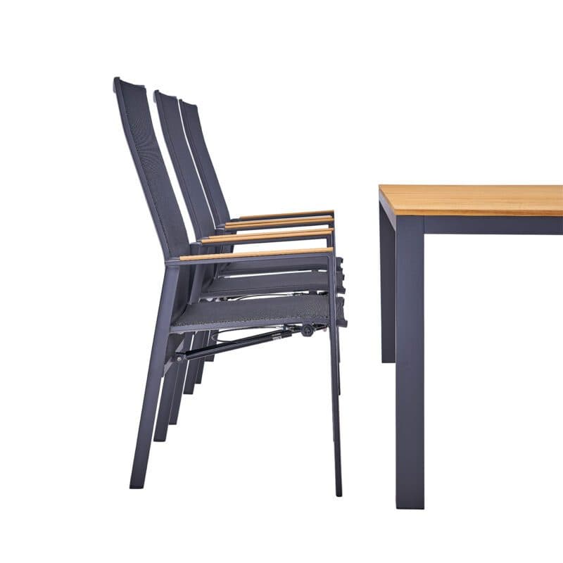 Liadomo Gartenmöbel-Set mit "Limbadi" Hochlehner Move und "Scalea" Tisch 210x100cm, Gestelle Aluminium anthrazit, Tischplatte und Armlehnen Teakholz