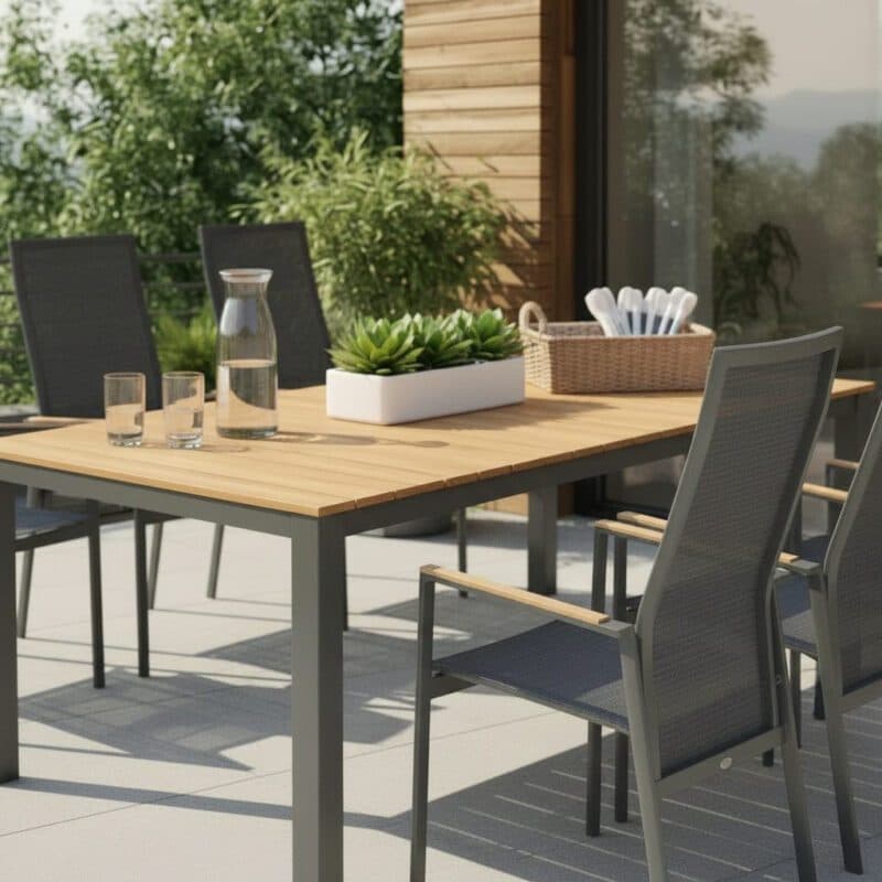 Liadomo Gartenmöbel-Set mit "Limbadi" Hochlehner Move und "Scalea" Tisch 210x100cm, Gestelle Aluminium anthrazit, Tischplatte und Armlehnen Teakholz (Bild: KI-generiert)