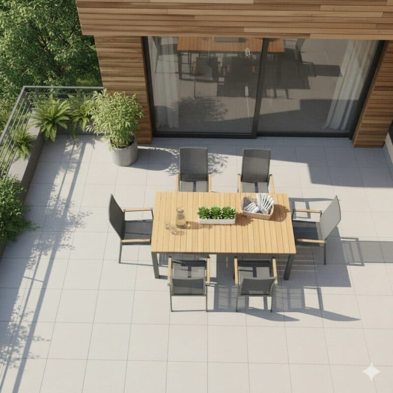 Liadomo Gartenmöbel-Set mit "Limbadi" Hochlehner Move und "Scalea" Tisch 210x100cm, Gestelle Aluminium anthrazit, Tischplatte und Armlehnen Teakholz (Bild: KI-generiert)