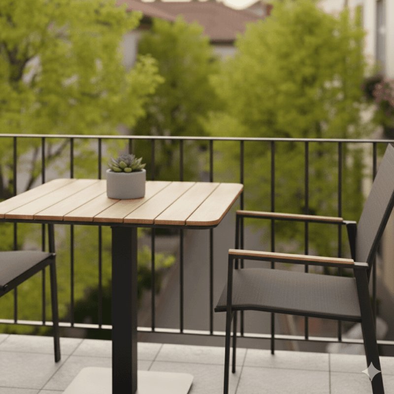 Liadomo "Limbadi/Torano" Gartenmöbel-Set 3-tlg., Gestelle Aluminium anthrazit, Sitz Textilene, Armlehnen Teak, Tischplatte Teak 80x80 cm (Bild KI-generiert)