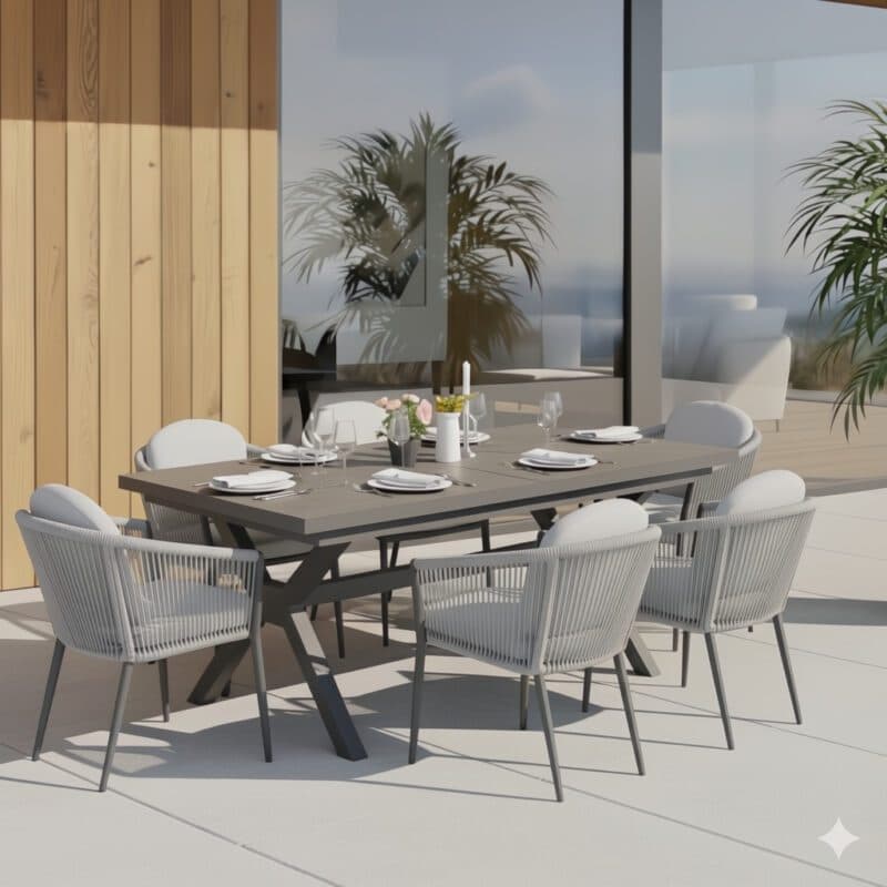 Liadomo Gartenmöbel-Set "Benevento/Latina" 7-tlg., Aluminium anthrazit, Rope & Kissen light grey, Tisch 200/260x100 cm, Sinterstein dunkelgrau (Bild KI-generiert)