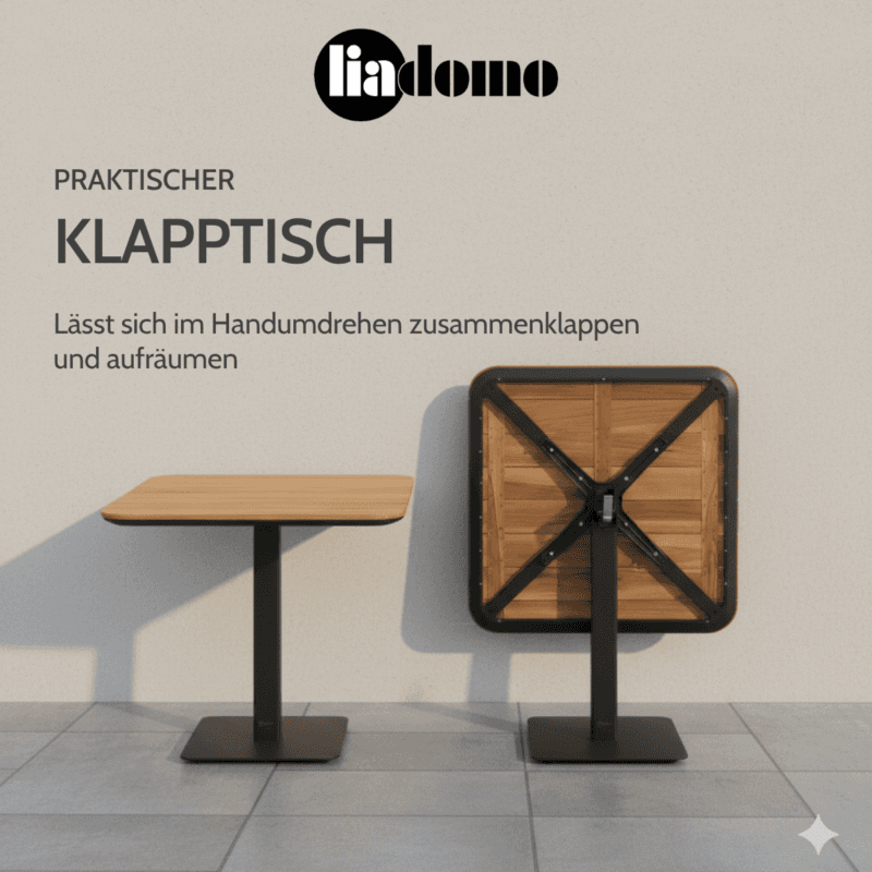 Liadomo "Torano" Klapptisch, Tischplatte Teakholz (Hintergrund KI-generiert)