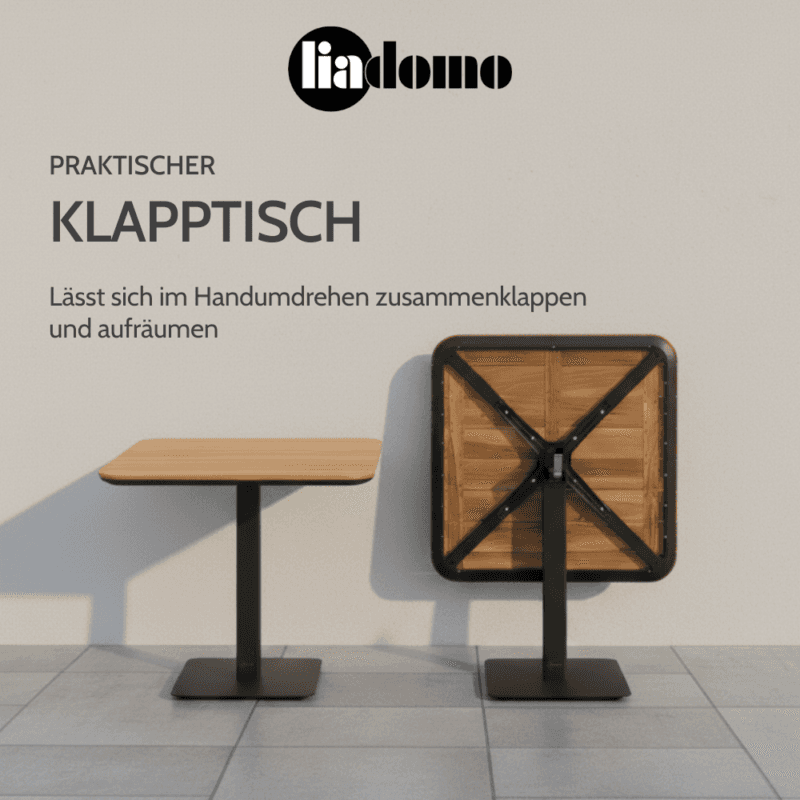 Liadomo "Torano" Klapptisch, Tischplatte Teakholz (Bild KI-generiert)
