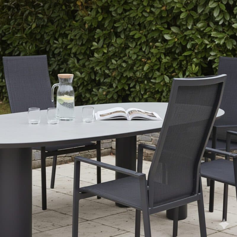 Gartenmöbel-Set mit Liadomo "Limbadi" Hochlehner und CASA DOMA "Lioni" Gartentisch 260xx115 cm, Gestelle Aluminium anthrazit, Armlehnen Aluminium (Bild KI-generiert)