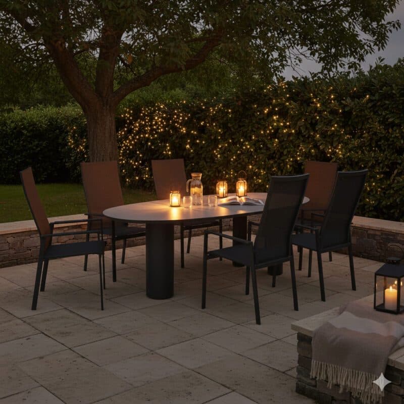 Gartenmöbel-Set mit Liadomo "Limbadi" Hochlehner und CASA DOMA "Lioni" Gartentisch 260xx115 cm, Gestelle Aluminium anthrazit, Armlehnen Aluminium (Bild KI-generiert)