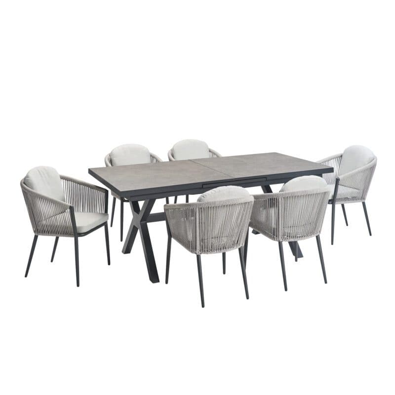 Liadomo Gartenmöbel-Set "Benevento/Latina" 7-tlg., Aluminium anthrazit, Rope & Kissen light grey, Tisch 200/260x100 cm, Sinterstein dunkelgrau