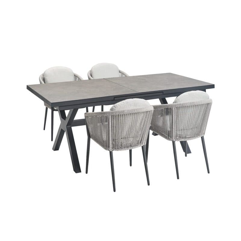 Liadomo Gartenmöbel-Set "Benevento/Latina" 5-tlg., Aluminium anthrazit, Rope & Kissen light grey, Tisch 200/260x100 cm, Platte Sinterstein dunkelgrau