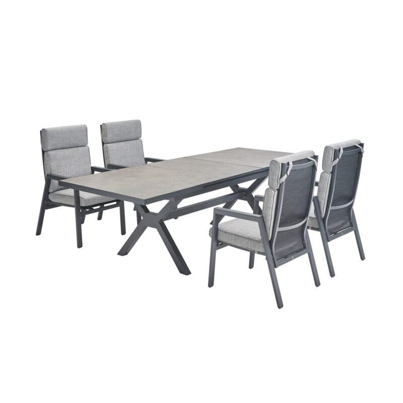 Liadomo Gartenmöbel-Set mit Tisch Benevento, 200/260x1000cm und "Celano" Diningsessel, Gestelle Aluminium anthrazit, Tischplatte Sinterstein