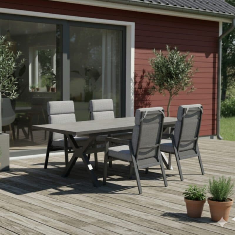 Liadomo Gartenmöbel-Set mit Tisch Benevento, 200/260x1000cm und "Celano" Diningsessel, Gestelle Aluminium anthrazit, Tischplatte Sinterstein (Hintergrund KI-generiert)