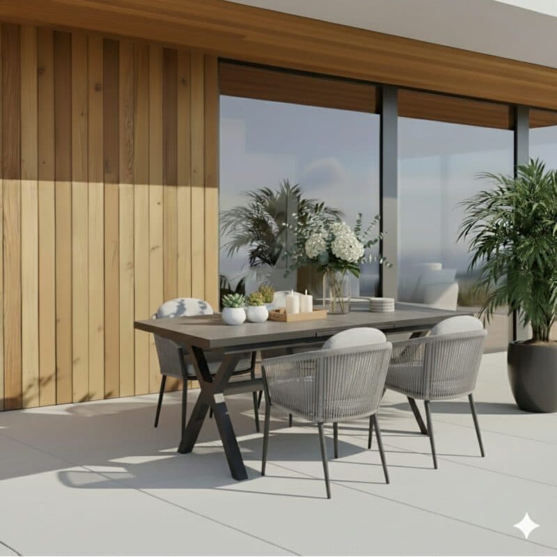 Liadomo Gartenmöbel-Set "Benevento/Latina" 5-tlg., Aluminium anthrazit, Rope & Kissen light grey, Tisch 200/260x100 cm, Sinterstein dunkelgrau (Bild KI-generiert)