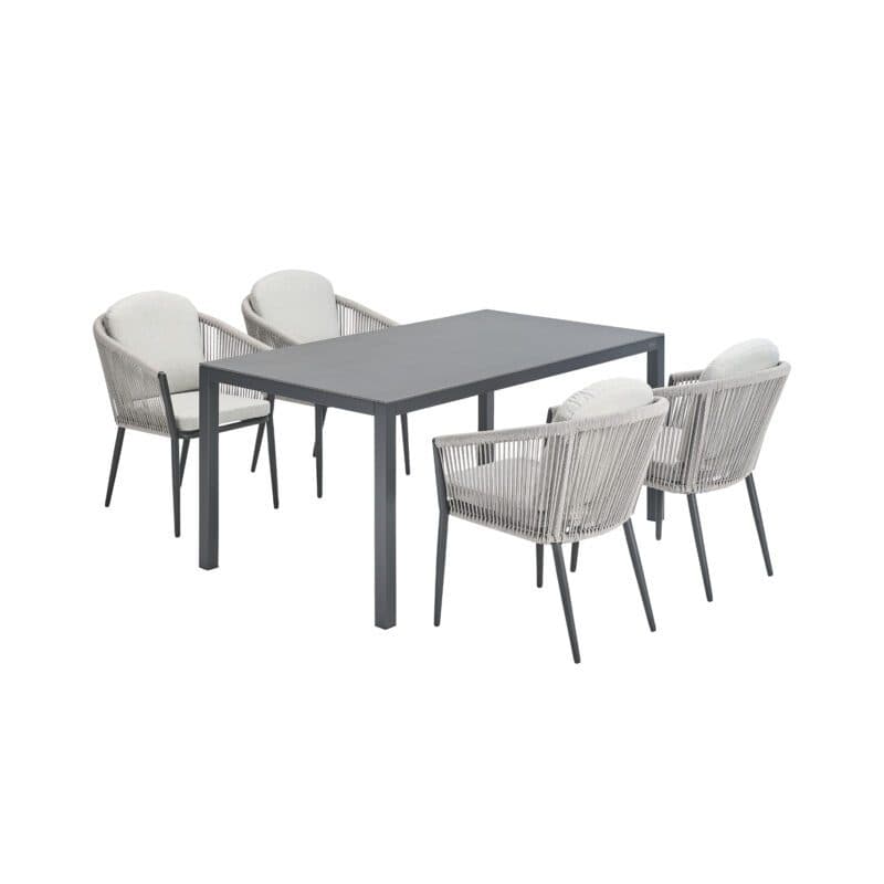 Liadomo Gartenmöbel-Set "Latina/Scalea" 5-tlg., Aluminium anthrazit, Rope & Kissen light grey, Tisch 160x90 cm, Sinterstein Granit-Optik (Bild KI-generiert)