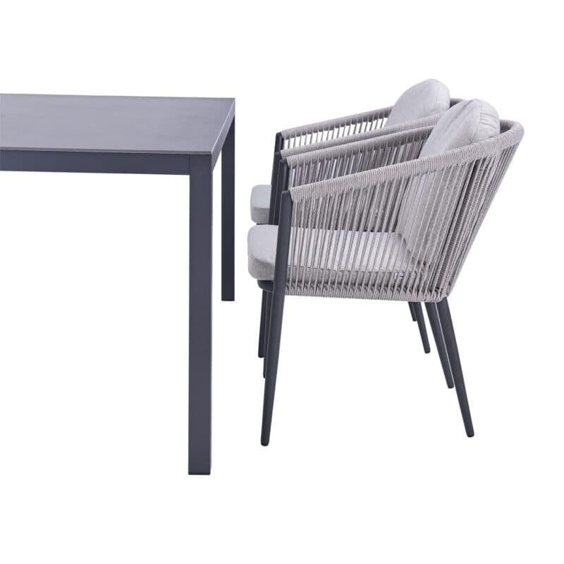 Liadomo Gartenmöbel-Set "Latina/Scalea" 5-tlg., Aluminium anthrazit, Rope & Kissen light grey, Tisch 160x90 cm, Sinterstein Granit-Optik (Bild KI-generiert)