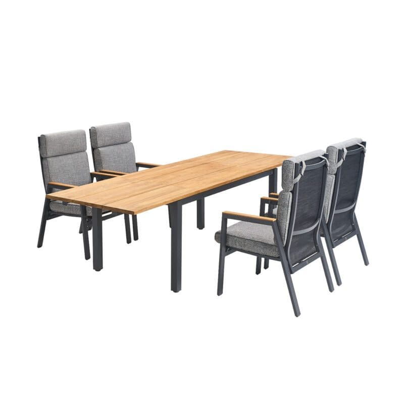 Gartenmöbel-Set mit Liadomo "Celano" Diningsessel und CASA DOMA "Varano" Ausziehtisch 160x90 cm, Gestelle Aluminium und Edelstahl anthrazit, Polster grau, Armlehnen & Tischplatte Teak