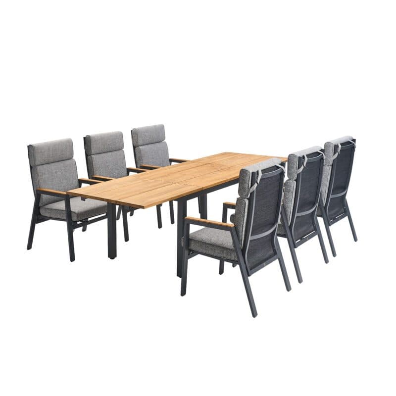 Gartenmöbel-Set mit Liadomo "Celano" Diningsessel und CASA DOMA "Varano" Ausziehtisch 160x90 cm, Gestelle Aluminium und Edelstahl anthrazit, Polster grau, Armlehnen & Tischplatte Teak