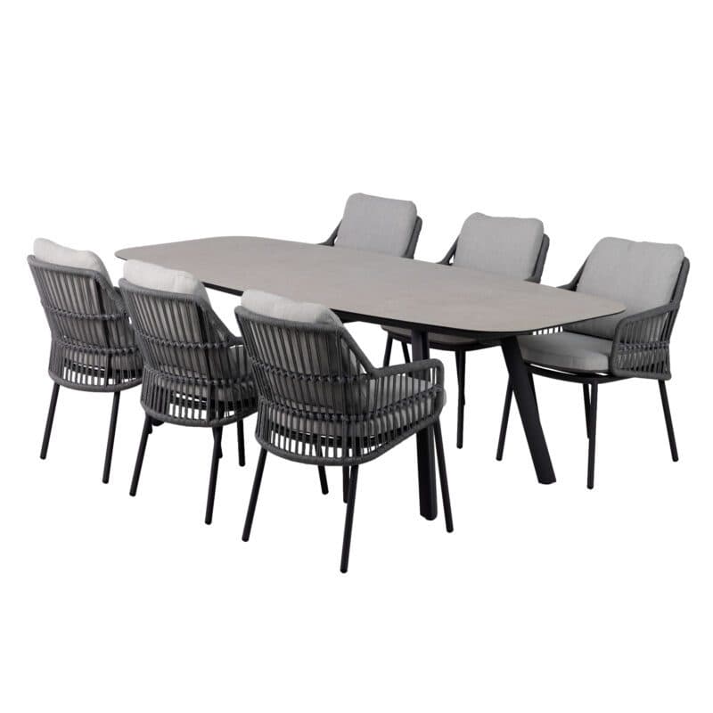 4Seasons Outdoor "Alicante" Diningsessel, Gestell Aluminium anthrazit, Rope-Bespannung grau, Kissen Olefin hellgrau mit "Manolo" Gartentisch 240x103 cm, Tischplatte Keramik sand