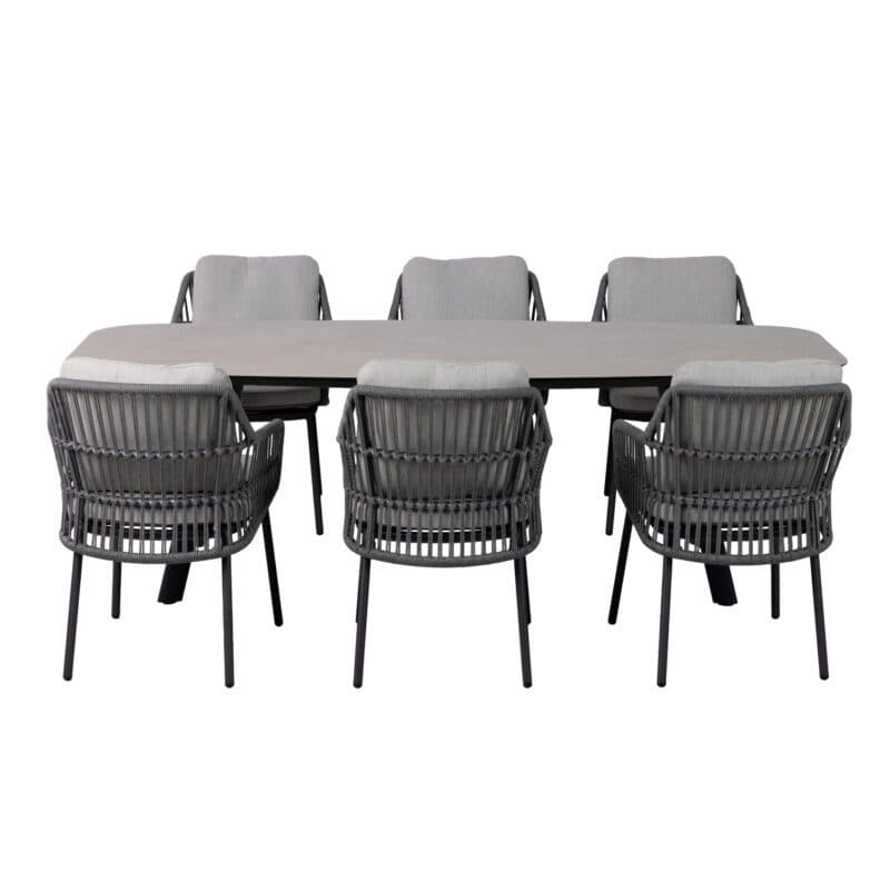 4Seasons Outdoor "Alicante" Diningsessel, Gestell Aluminium anthrazit, Rope-Bespannung grau, Kissen Olefin hellgrau mit "Manolo" Gartentisch 240x103 cm, Tischplatte Keramik sand