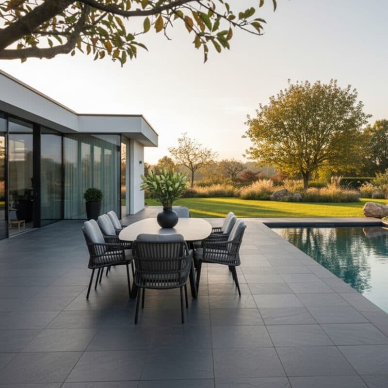 4Seasons Outdoor "Alicante" Diningsessel, Gestell Aluminium anthrazit, Rope-Bespannung grau, Kissen Olefin hellgrau mit "Manolo" Gartentisch 240x103 cm, Tischplatte Keramik sand