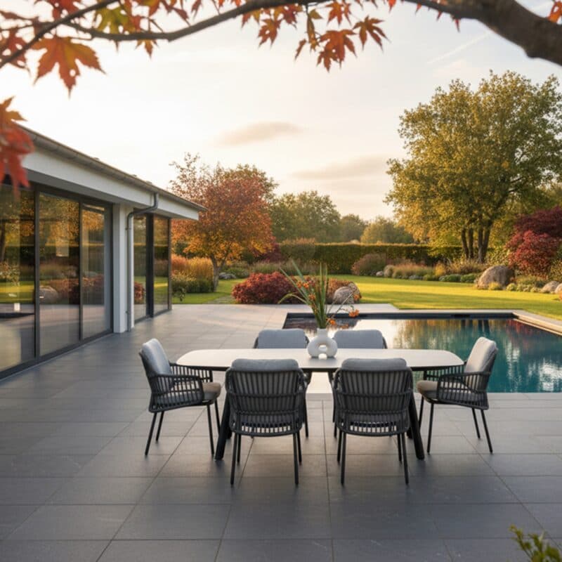 4Seasons Outdoor "Alicante" Diningsessel, Gestell Aluminium anthrazit, Rope-Bespannung grau, Kissen Olefin hellgrau mit "Manolo" Gartentisch 240x103 cm, Tischplatte Keramik sand