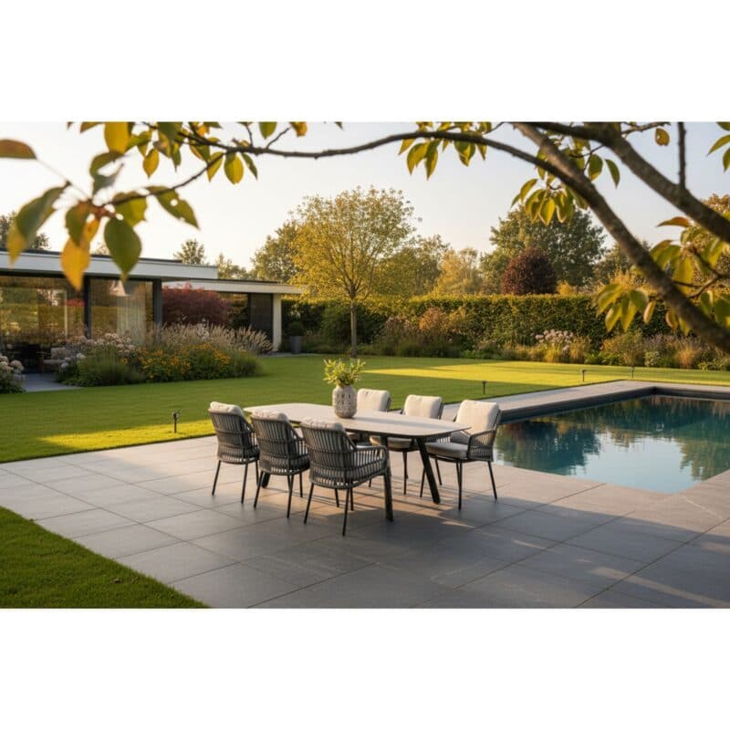 4Seasons Outdoor "Alicante" Diningsessel, Gestell Aluminium anthrazit, Rope-Bespannung grau, Kissen Olefin hellgrau mit "Manolo" Gartentisch 240x103 cm, Tischplatte Keramik sand